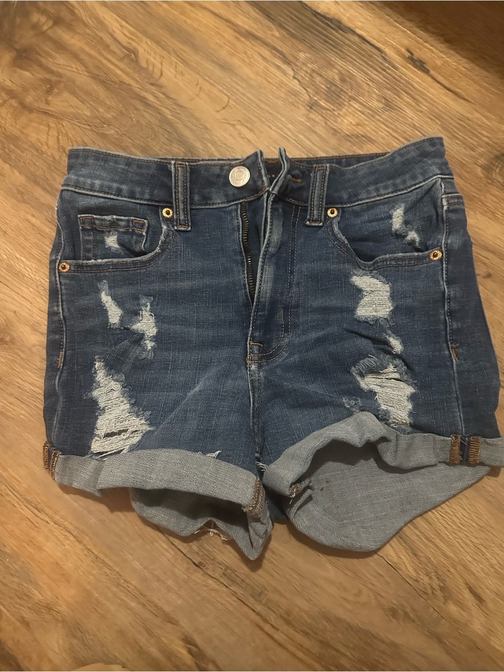 Aeropostale Distressed Rolled-Hem Denim Shorts - Dark Blue